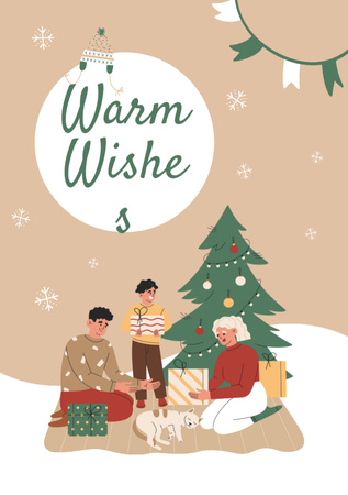 Christmas and New Year Wishes Happy Family Postcard A5 Vertical Design Template