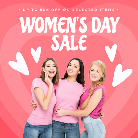Women's Day Sale with Women in Pink T-Shirts Instagram Design Template