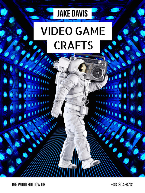 Expressive Video Game Crafts And Astronaut holding Boombox Poster US Design Template