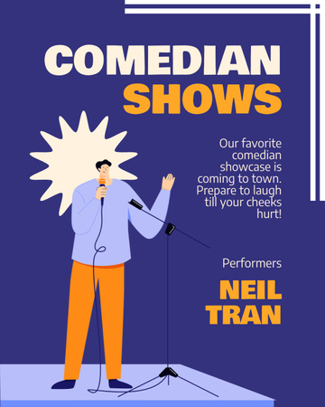Designvorlage Ankündigung einer Comedian-Show mit Mann auf der Bühne für Instagram Post Vertical
