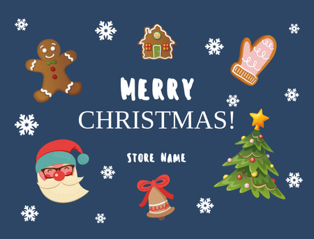 Plantilla de diseño de Saludos navideños con artículos navideños en azul Postcard 4.2x5.5in 