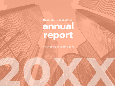Annual Business Report With Glass Skyscrapers In Orange Presentation Design Template