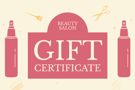 Beauty Salon Services Ad with Illustration of Supplies for Hairstyle Gift Certificate Design Template