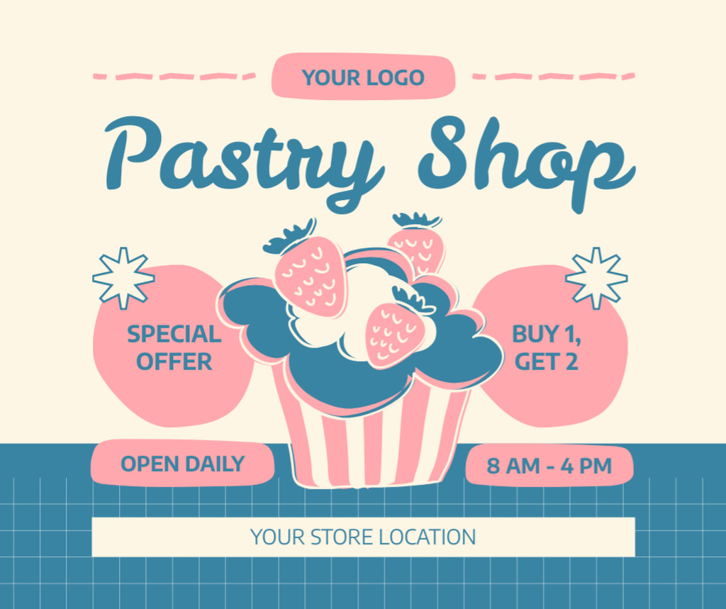 Pastry Shop Advertisement with Doodle Illustration Facebookデザインテンプレート