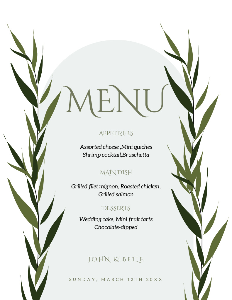 Ontwerpsjabloon van Menu 8.5x11in van Simple Wedding Appetizers List with Green Leaves