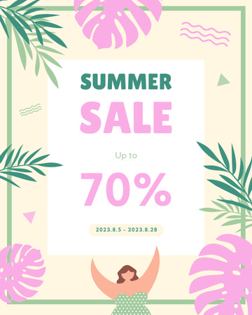 Summer Sale Ad with Tropical Leaves Instagram Post Vertical Design Template