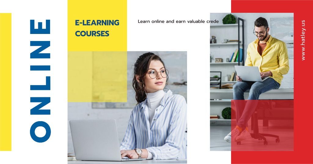 Ontwerpsjabloon van Facebook AD van Online Courses Ad People Working on Laptops