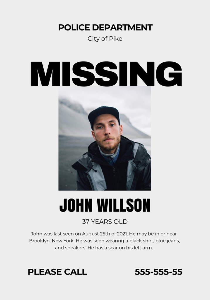 Announcement of Missing Man on Grey Poster 28x40in – шаблон для дизайну