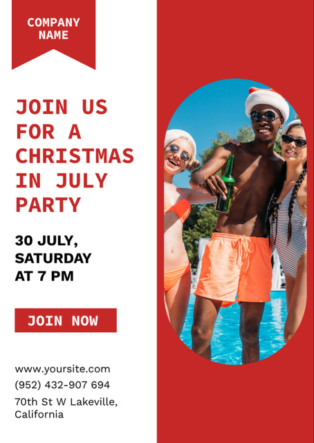 Exciting Christmas in July Pool Party Announcement In Red Flyer A6 Design Template