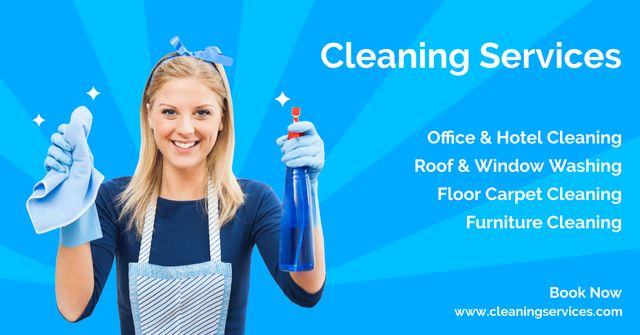 Cleaning Services Offer with Maid in Blue Gloves Facebook AD Šablona návrhu