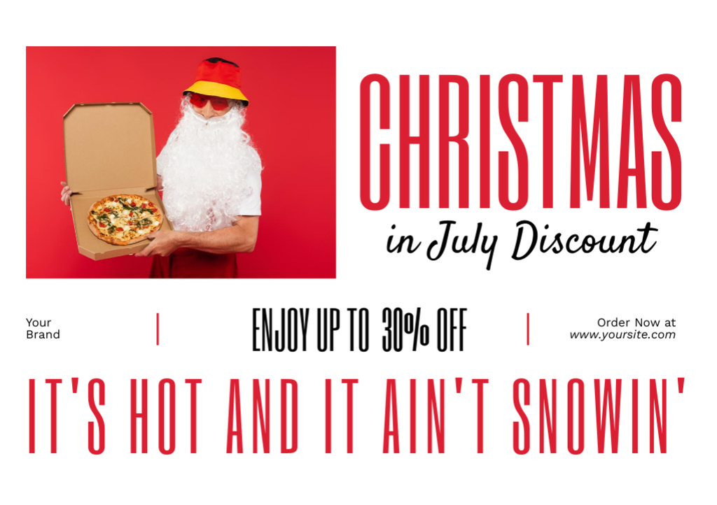 Christmas Sale Announcement in July with Santa holding Pizza Flyer A5 Horizontal Modelo de Design