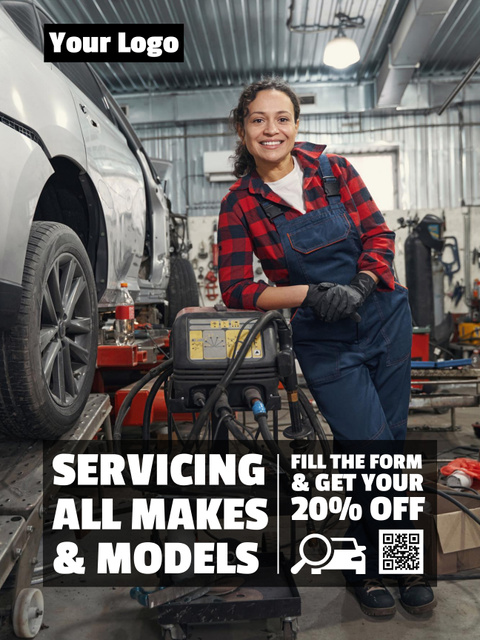 Car Services Ad with Woman Mechanic Poster US Modelo de Design