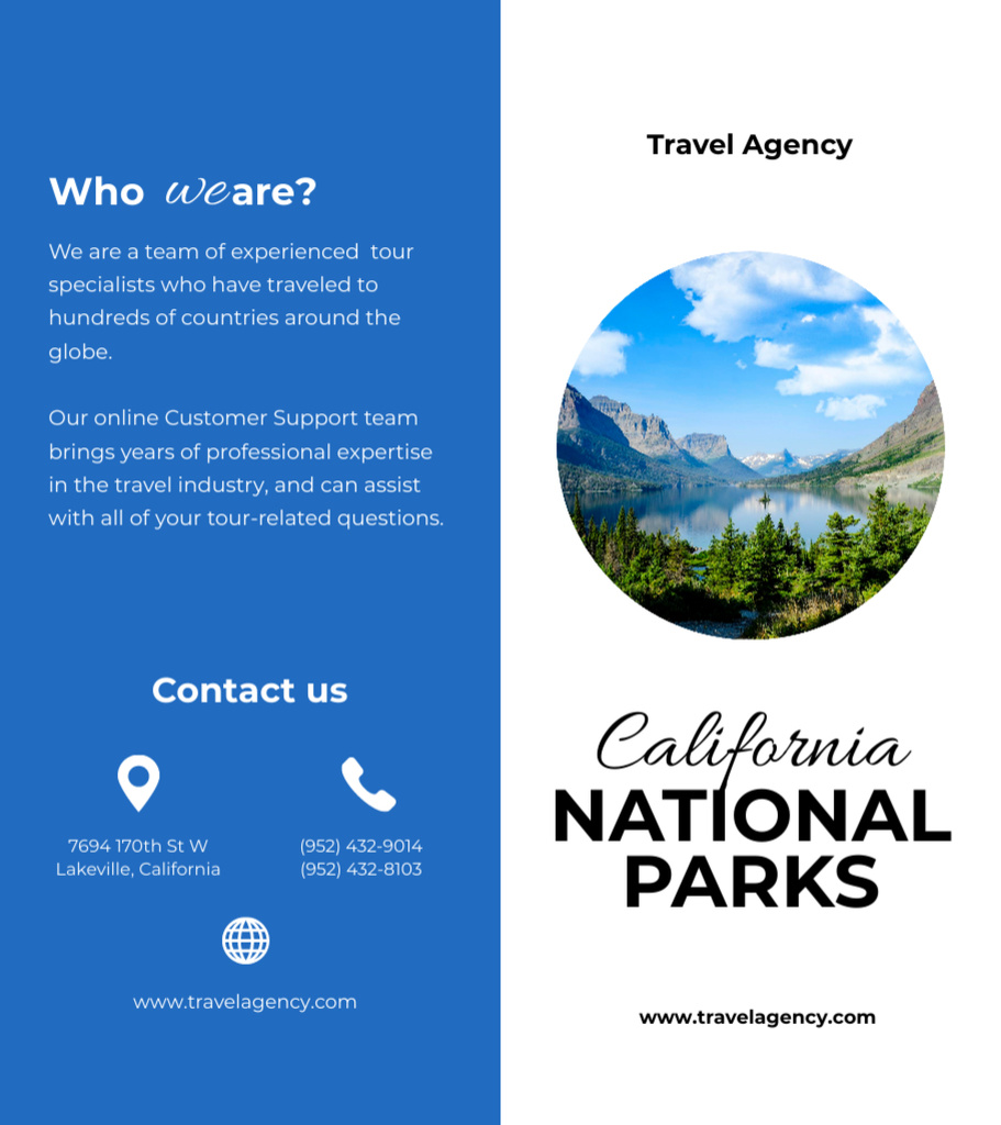 Travel Tour Offer to California National Park with Lake Brochure 9x8in Bi-fold Tasarım Şablonu