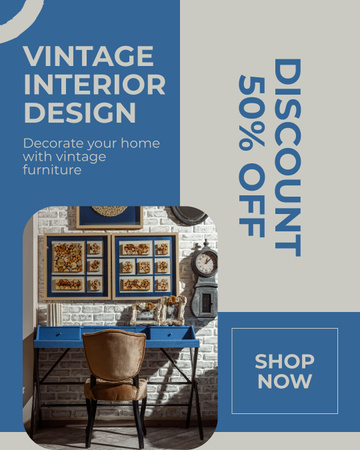 Designvorlage Veraltete Möbelstücke zu ermäßigten Preisen mit Tisch für Instagram Post Vertical