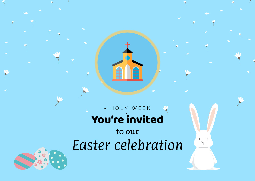 Easter Church Service Invitation with Cute Illustration on Blue Flyer A6 Horizontal Tasarım Şablonu