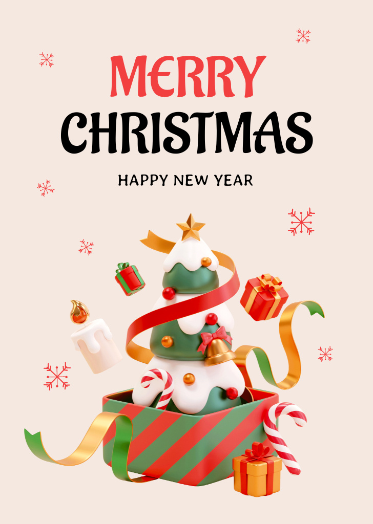 Heartfelt Christmas and New Year Cheers with Decorated Tree and Presents Postcard A6 Vertical Design Template