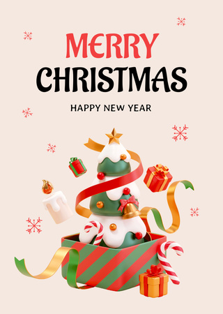 Heartfelt Christmas and New Year Cheers with Decorated Tree and Presents Postcard A6 Vertical Design Template