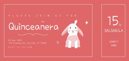 Ontwerpsjabloon van Ticket DL van Quinceañera-feestaankondiging met schattig konijntje