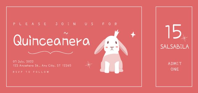 Quinceañera Celebration Announcement With Cute Bunny Ticket DL Design Template