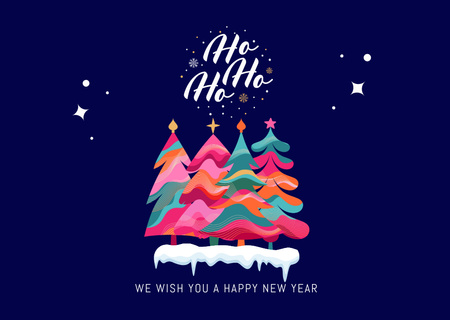 Christmas and New Year Wishes with Colorful Trees Postcard Design Template