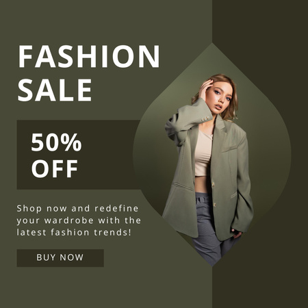 Fashion Flash Sale Announcement with Woman in Green Jacket Instagram Tasarım Şablonu