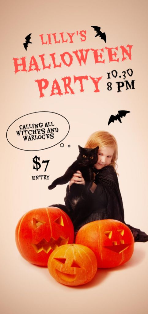 Halloween Party with Child and Cute Cat Flyer DIN Large Design Template