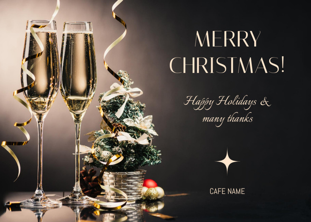 Joyful Christmas Greetings with Champagne In Glasses And Decor Postcard 5x7in Šablona návrhu