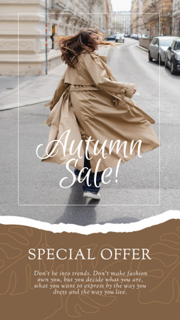 Krásná stylová dívka v kabátě šťastně chodí po ulici Instagram Story Šablona návrhu