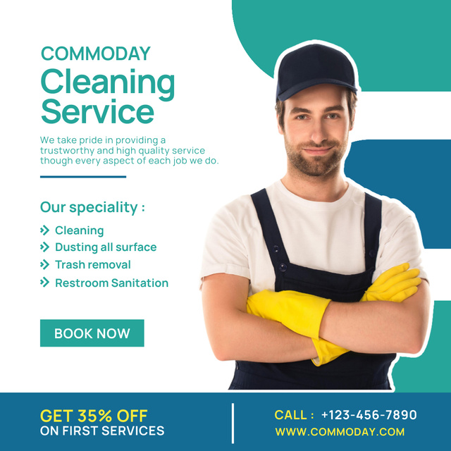Responsible Cleaning Service Ad with Man in Uniform Instagram AD tervezősablon