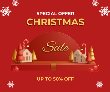 Christmas Sale Announcement with Holiday Figurines on Red Facebook Design Template