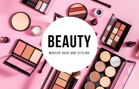 Designvorlage Makeup Studio Promotion mit Lidschattenpaletten und Kosmetikpinseln für Business Card 85x55mm