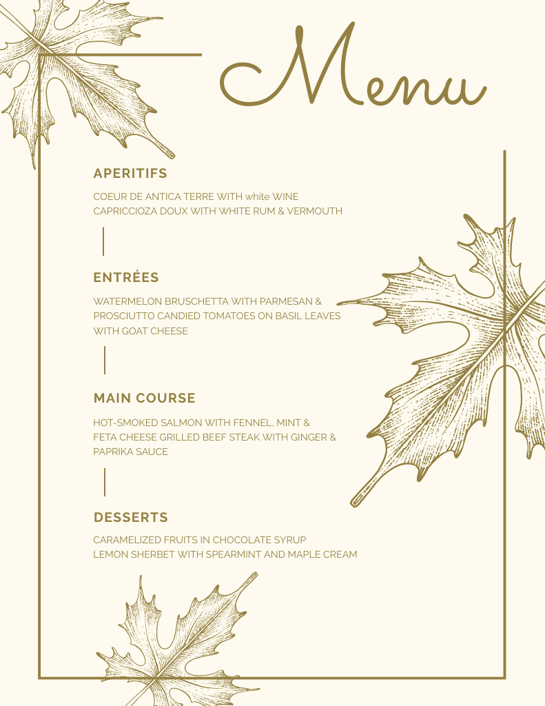 Simple Wedding Food List with Sketch of Maple Leaves Menu 8.5x11in Tasarım Şablonu