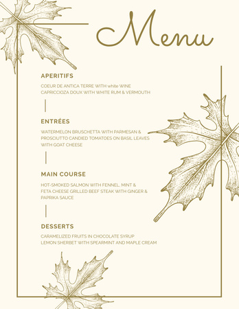 Simple Wedding Food List with Sketch of Maple Leaves Menu 8.5x11in Design Template