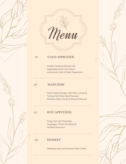 Elegant Ivory Wedding Appetizers List Menu 8.5x11in Design Template