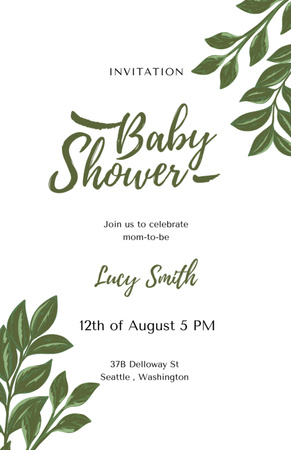 Minimalistic Baby Shower Announcement With Green Leaves Invitation 5.5x8.5in Šablona návrhu
