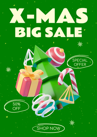 3d Illustrated X-mas Big Sale Green Poster Design Template