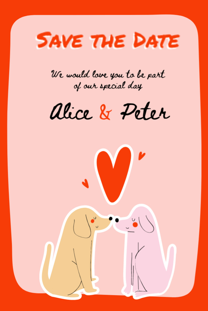 Designvorlage Wedding Announcement With Cute Dogs in Red Frame für Postcard 4x6in Vertical