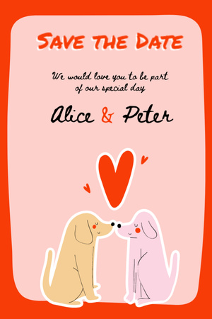 Ανακοίνωση γάμου με χαριτωμένα σκυλάκια σε κόκκινο πλαίσιο Postcard 4x6in Vertical Πρότυπο σχεδίασης