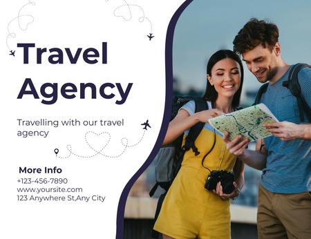 Travel Agency Offer with Happy Couple of Tourists Thank You Card 5.5x4in Horizontal Design Template