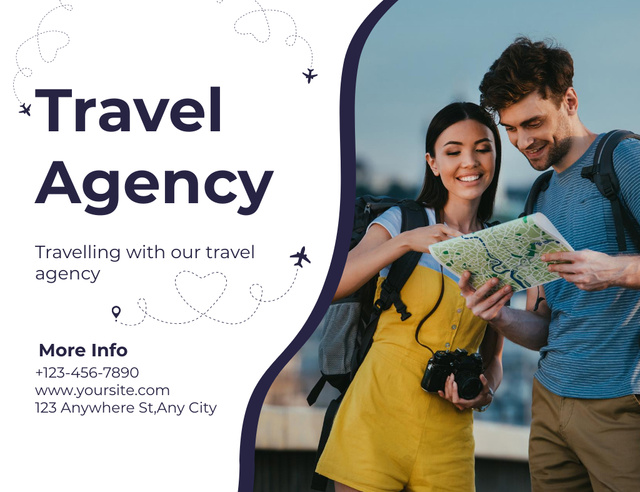 Platilla de diseño Travel Agency Offer with Happy Man and Woman Thank You Card 5.5x4in Horizontal
