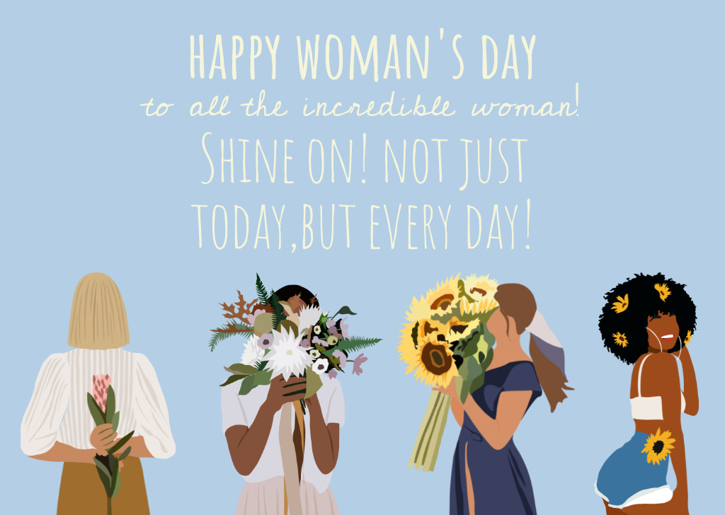 Plantilla de diseño de Women with Bouquets on International Women's Day Card 