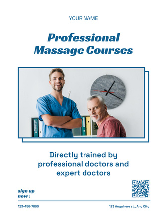 Professional Massage Courses Ad with Rehabilitation Therapist and Patient Poster US Design Template