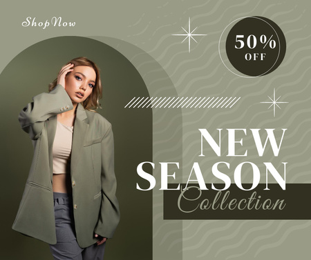 New Season Collection with Woman in Green Jacket Facebook Šablona návrhu