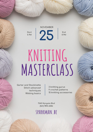 Knitting Masterclass Invitation with Wool Yarn Skeins Poster A3 Design Template