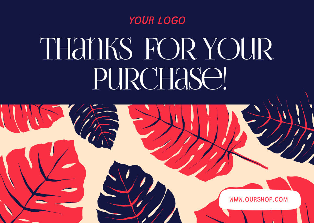 Ontwerpsjabloon van Card van Thanks for Your Purchase Phrase with Monstera Leaves Pattern