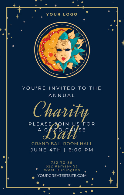 Exciting Annual Charity Ball With Masks Announcement Invitation 4.6x7.2in Design Template