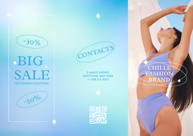 Big Fashion Sale with Woman in Swimsuit Brochure Modelo de Design