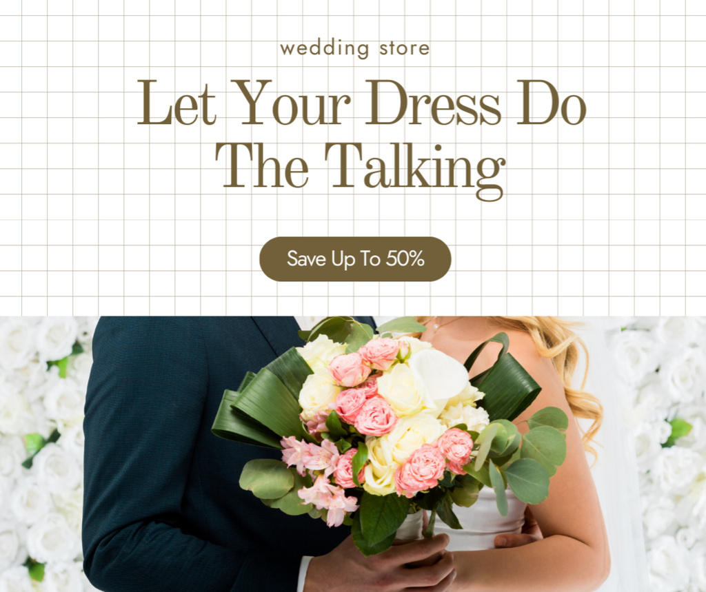 Bridal Boutique Offer with Couple Holding Bouquet Facebook Modelo de Design