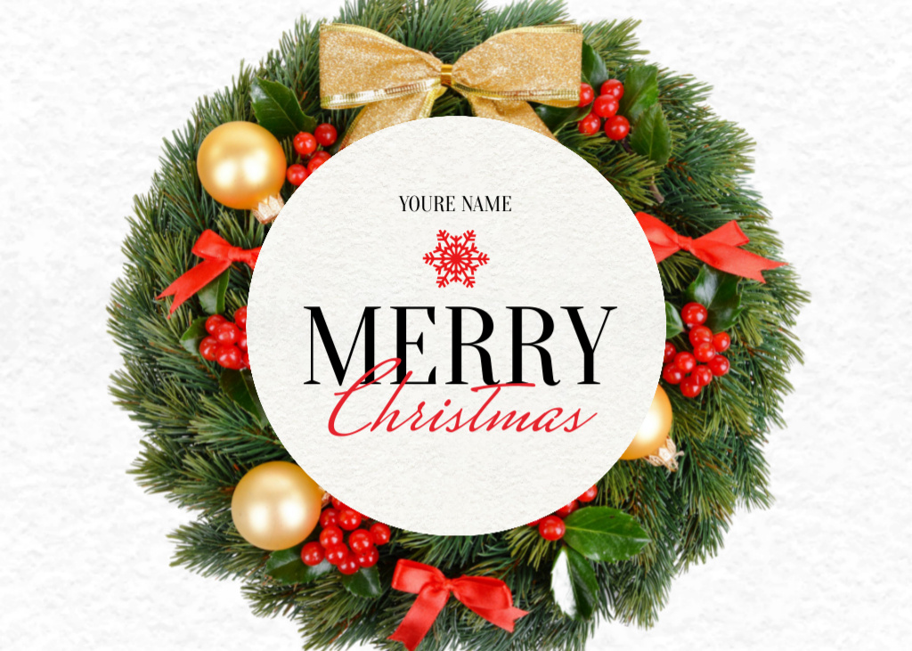 Ontwerpsjabloon van Postcard 5x7in van Gleeful Christmas Holiday Wish with Decorated Wreath