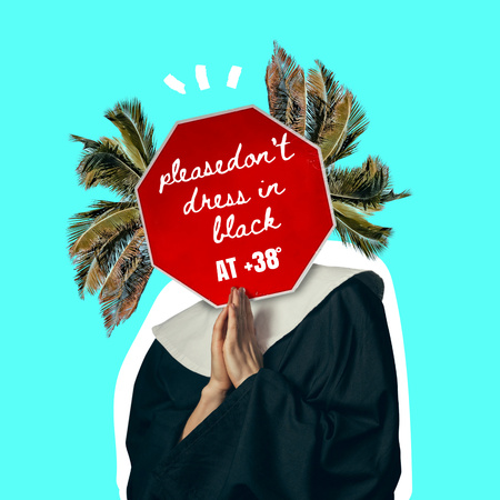 Funny Illustration of Praying Nun and Palm Leaves Instagram Design Template